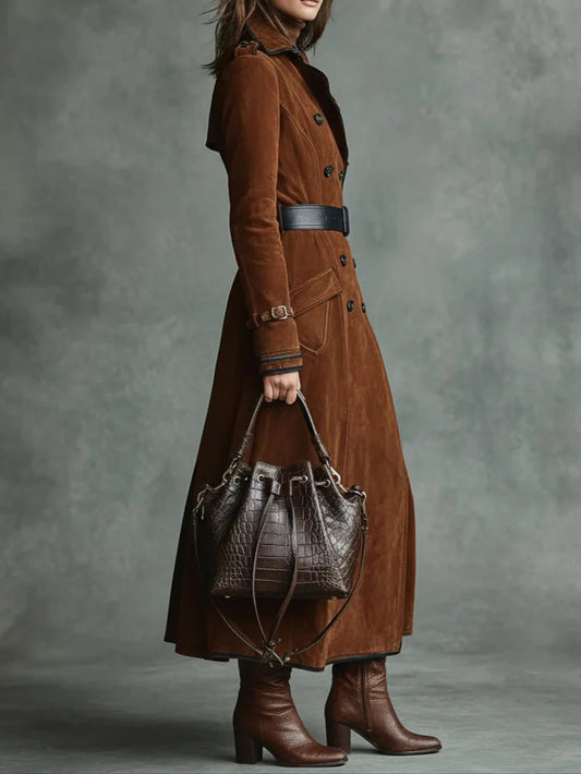 CLASSIC BLACK TRIM SUEDE TRENCH COAT