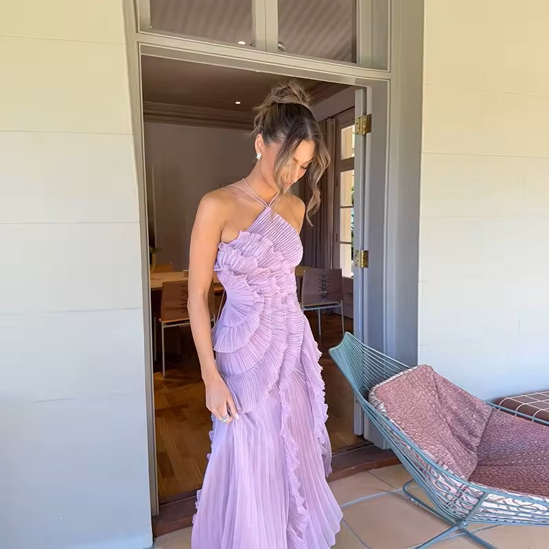 VESTIDO HALTER PLISADO ELEGANCIA VIOLETA