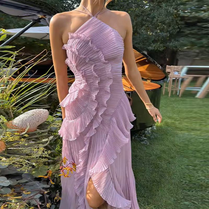 VESTIDO HALTER PLISADO ELEGANCIA VIOLETA