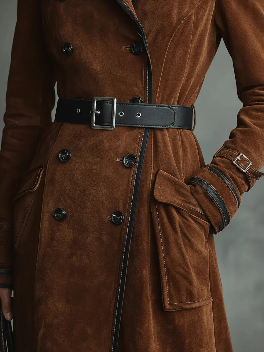 CLASSIC BLACK TRIM SUEDE TRENCH COAT